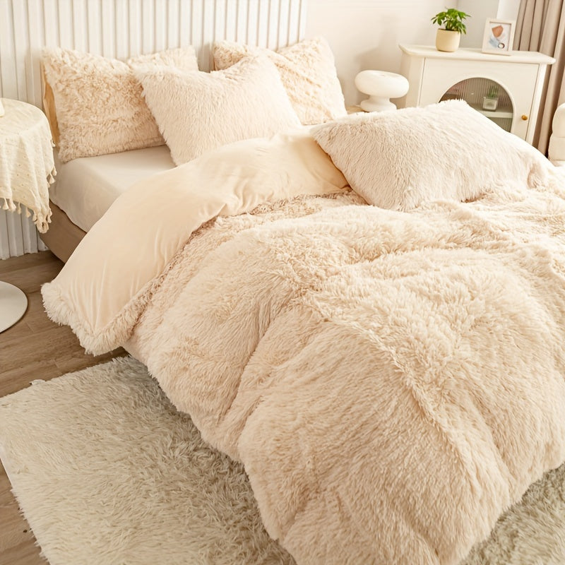 Plush Duvet Cover Set 3 Piece, Long Hair Knitted Polyester, Solid Color Fuzzy Comforter Cover with Zipper Closure, All-Season Soft Cozy Bedding Set for Bedroom, Multiple Colors Available