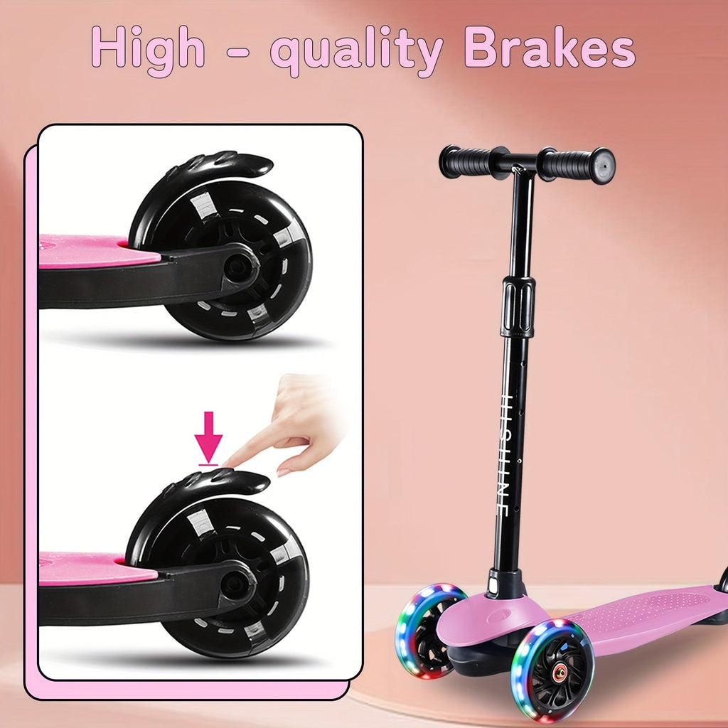 Kids 3-Wheel Scooter with Light-Up Wheels – Adjustable Height Lean-to-Steer Toddler Scooter for Ages 2-5, Front Brake & Double Suspension, Pink Blue Black Red