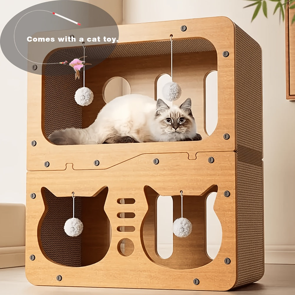 瓦楞纸猫抓屋——耐用猫窝与躲藏屋，附赠羽毛逗猫棒，通风式室内猫抓板，可选 17.7 英寸与 22 英寸两种尺寸