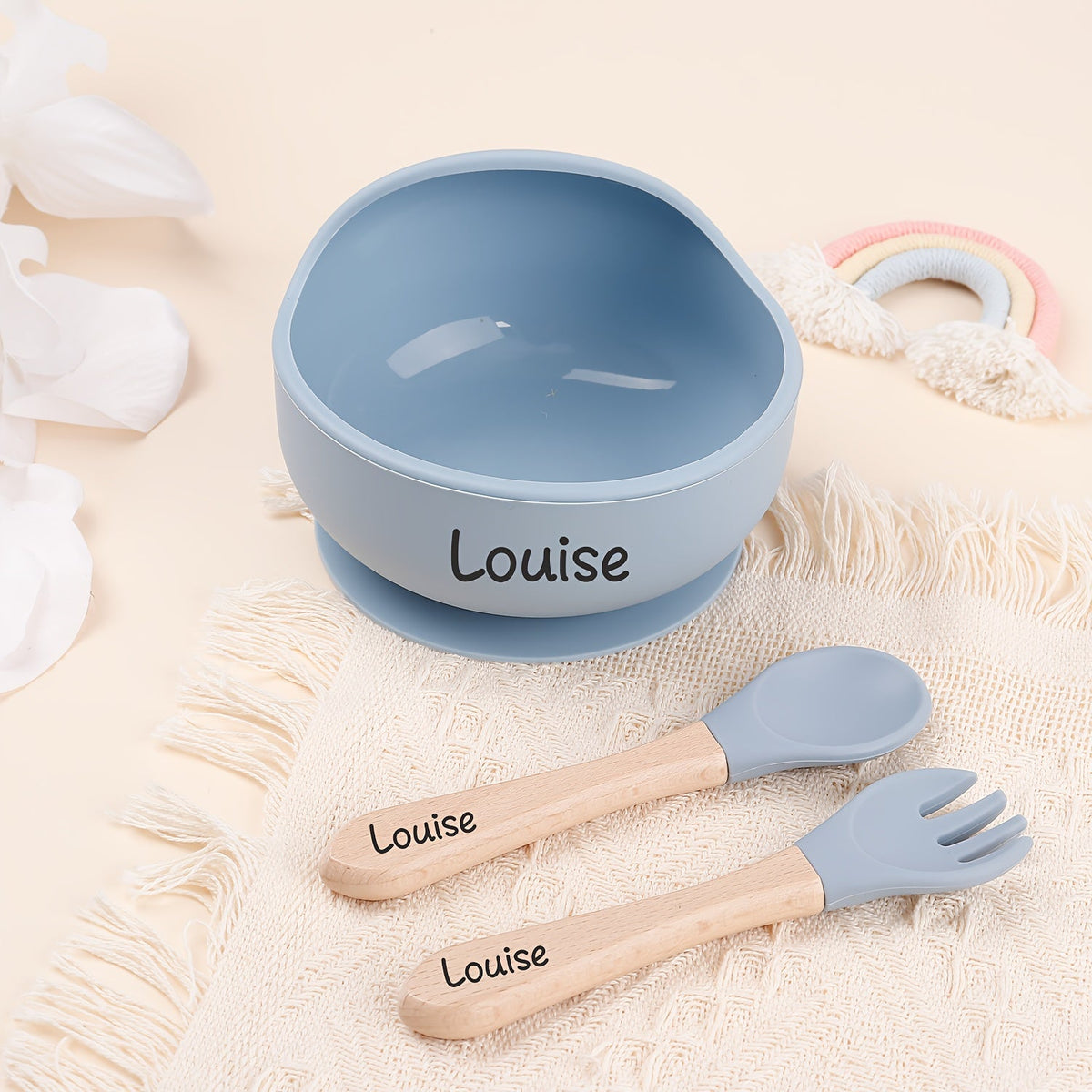 3-Piece Personalized Engraved Silicone Baby Suction Bowl Set, Custom Baby Feeding Bowls for Kids, Christening Gift, First Birthday Gift & Christmas Feeding Gift Set, Beige, Blue, Gray, Pink & Green