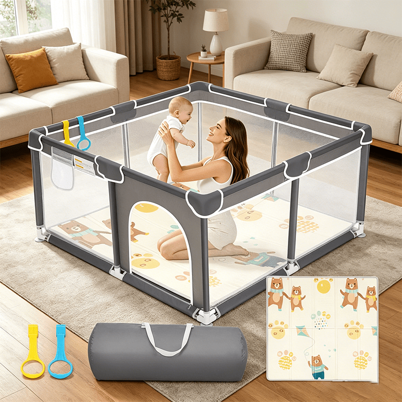 Extra Large Baby Playpen Indoor & Outdoor Kids Activity Center Breathable Mesh Anti-Slip Skin-Friendly Toddler Play Yard – Black & Pink