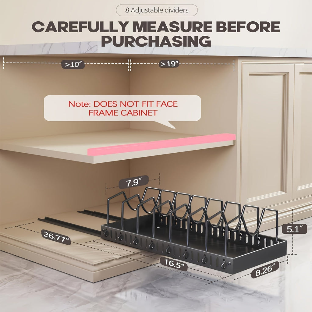Pull-Out Pot & Pan Organizer Rack for Under Cabinet – Slide-Out Lid Holder with 8 Adjustable Compartments, Drill-Free Installation, Kitchen Cabinet Cookware & Baking Sheet Organizer – 1pc or 2pcs