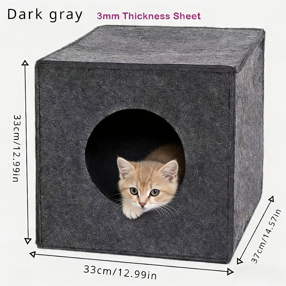 方形毛毡猫窝 可折叠可机洗 – 3mm加厚半封闭猫屋，不塌陷，四季通用室内猫咪睡眠玩耍洞穴，13x14.5x13英寸，深灰色和浅灰色