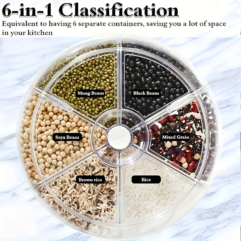 Rotating Cereal Dispenser 6-Grid Large Capacity Airtight Rice Storage Container, Moisture-Proof Insect-Proof Grain Dispenser with Transparent Window & Press Button, Food-Grade PP for Rice, Grains, and Flour