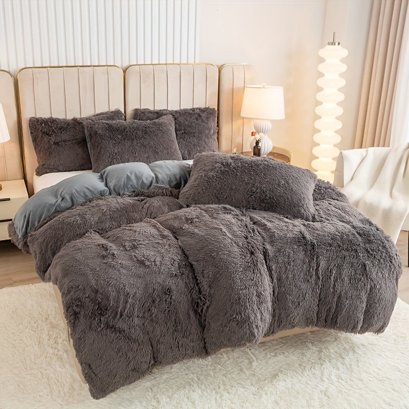 Plush Duvet Cover Set 3 Piece, Long Hair Knitted Polyester, Solid Color Fuzzy Comforter Cover with Zipper Closure, All-Season Soft Cozy Bedding Set for Bedroom, Multiple Colors Available