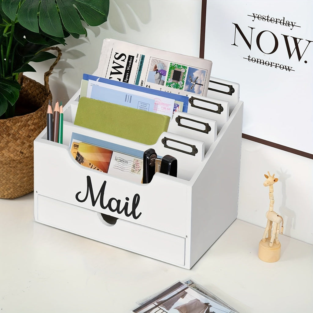 Large Solid Wood Desktop Mail Organizer with Drawer and 4 Compartments, Labelable Dividers for Files, Letters, and Paper Folders, Desk Organizer for Home Office, Students, and Professionals