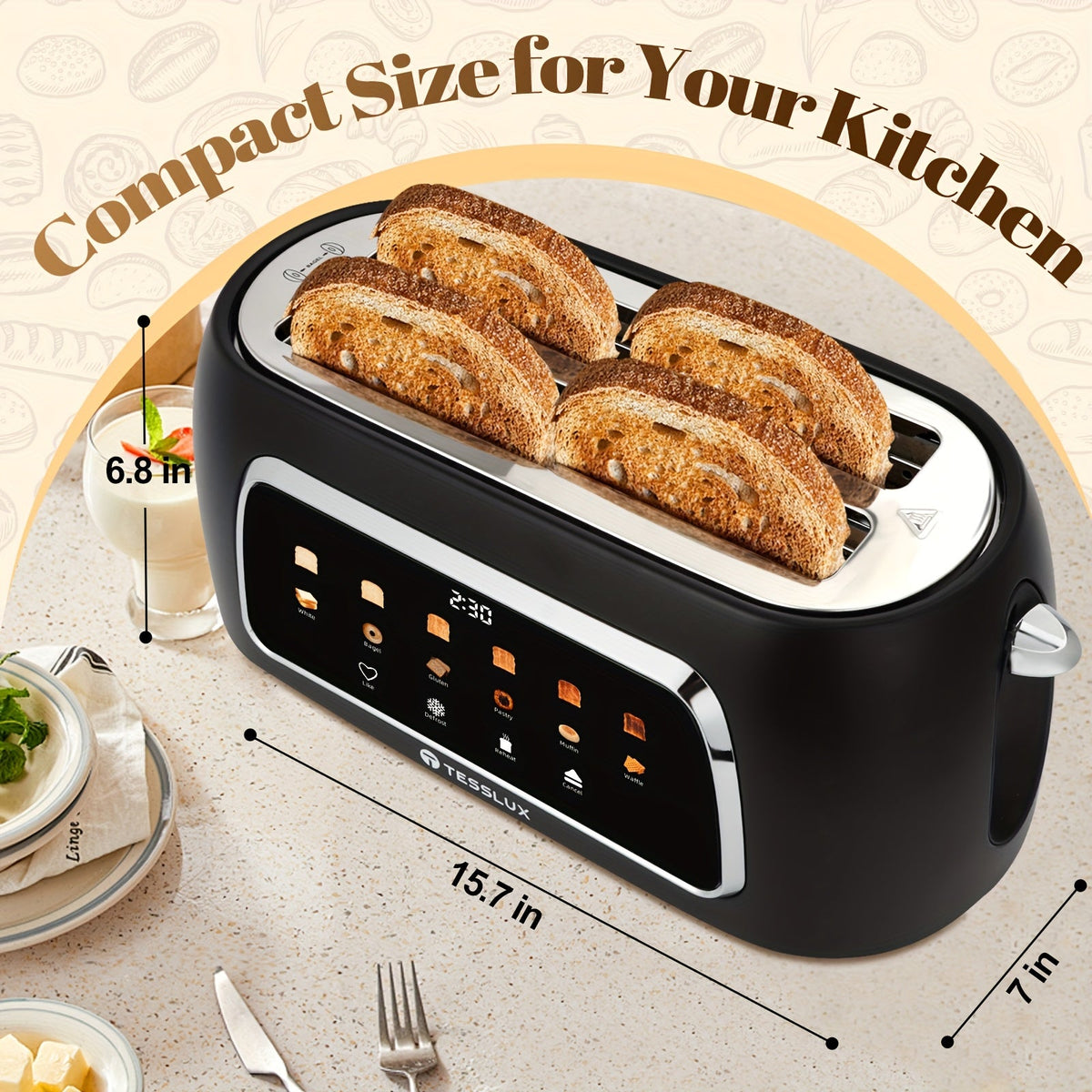 TESSLUX 4-Slice Toaster - Touchscreen Control, 1.5" Wide Long Slots, 6 Browning Levels, 6 Bread Types, Digital Timer, Memory, Defrost & Reheat - White, Black & Silver