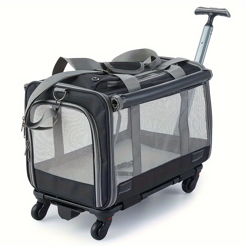 Portable Pet Stroller Carrier with Aluminum Frame & Wheels - Travel Luggage Style Rolling Pet Carrier for Cats and Small Dogs with Pull Handle and Stress-Resistant Plastic Shell - Pink/Blue
