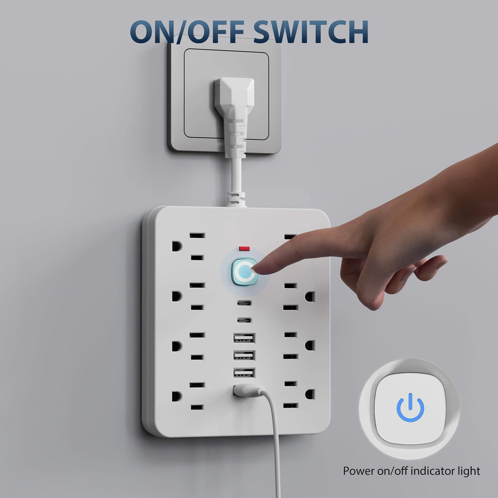14-in-1 Power Strip Surge Protector - 8 AC Outlets, 4 USB-A & 2 USB-C Ports, Flat Plug, Space-Saving Extension Cord for Home, Office & Kitchen - White & Black