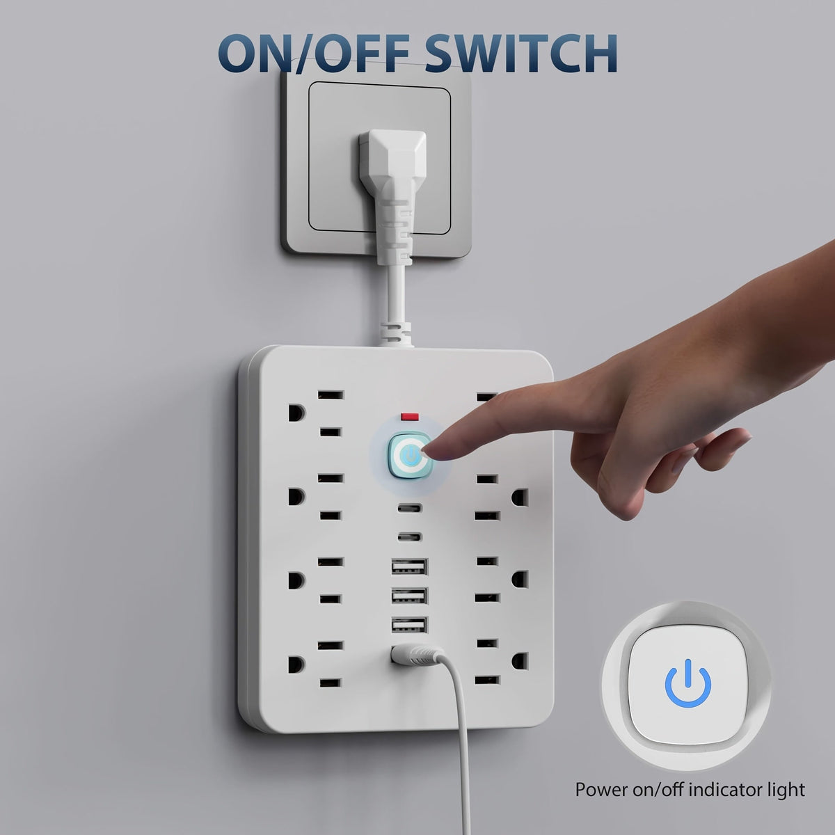 14-in-1 Power Strip Surge Protector - 8 AC Outlets, 4 USB-A & 2 USB-C Ports, Flat Plug, Space-Saving Extension Cord for Home, Office & Kitchen - White & Black