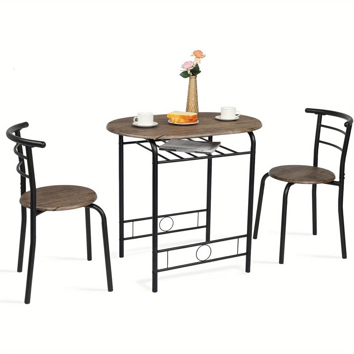 Bonnlo 3pcs Dining Set, Small Kitchen Table Set for 2, Breakfast Table Set, Kitchen Wooden Table and 2 Chairs for Small Space/ Dining Room/ Apartment/ Living Room/ Home Decor, Metal Frame Wine Rack