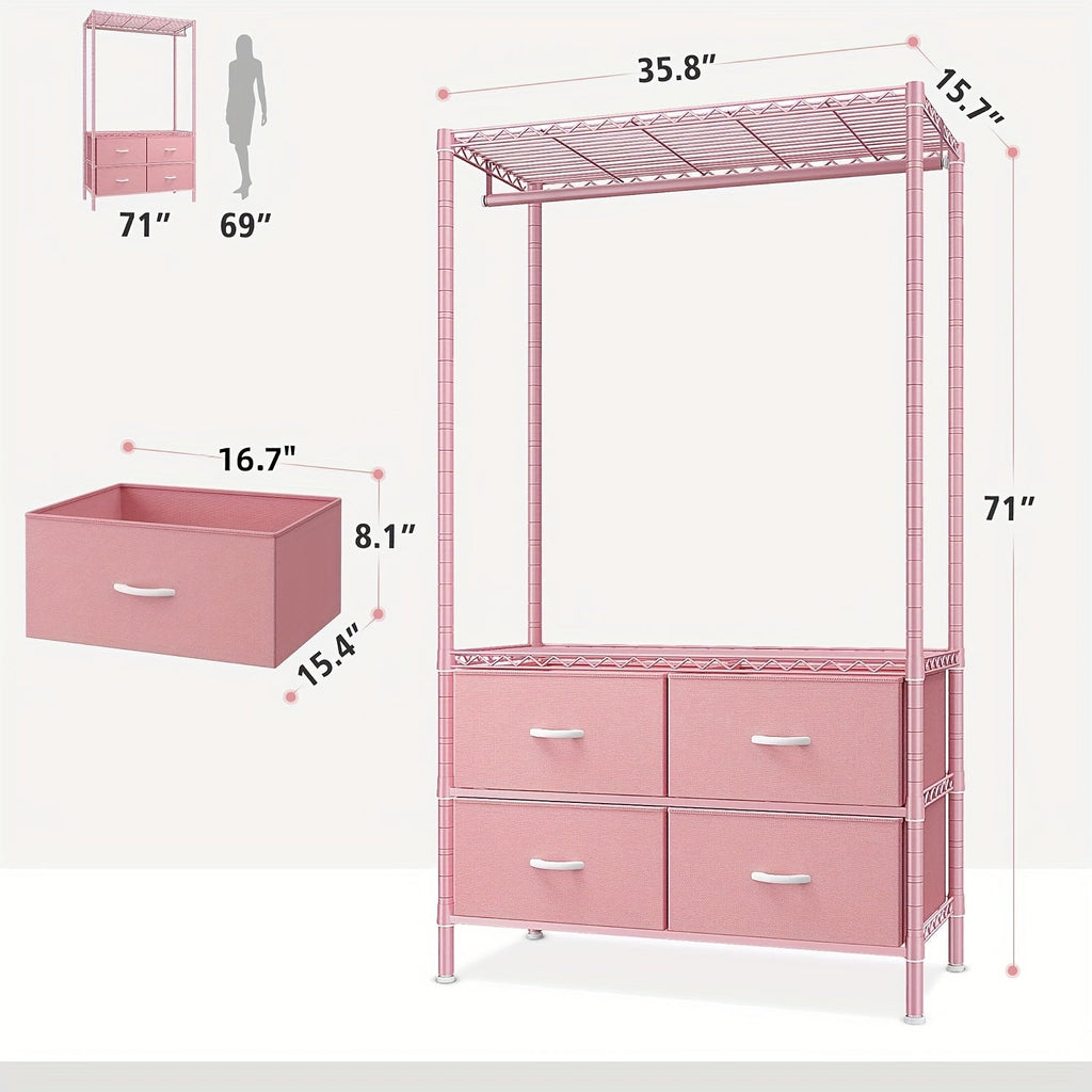 Heavy Duty Clothes Rack with 4 Drawers 420LBS Adjustable Clothing Rack for Hanging Coats Shirts Dresses Top Shelf 10-Minute Assembly for Bedroom Closet Apartment