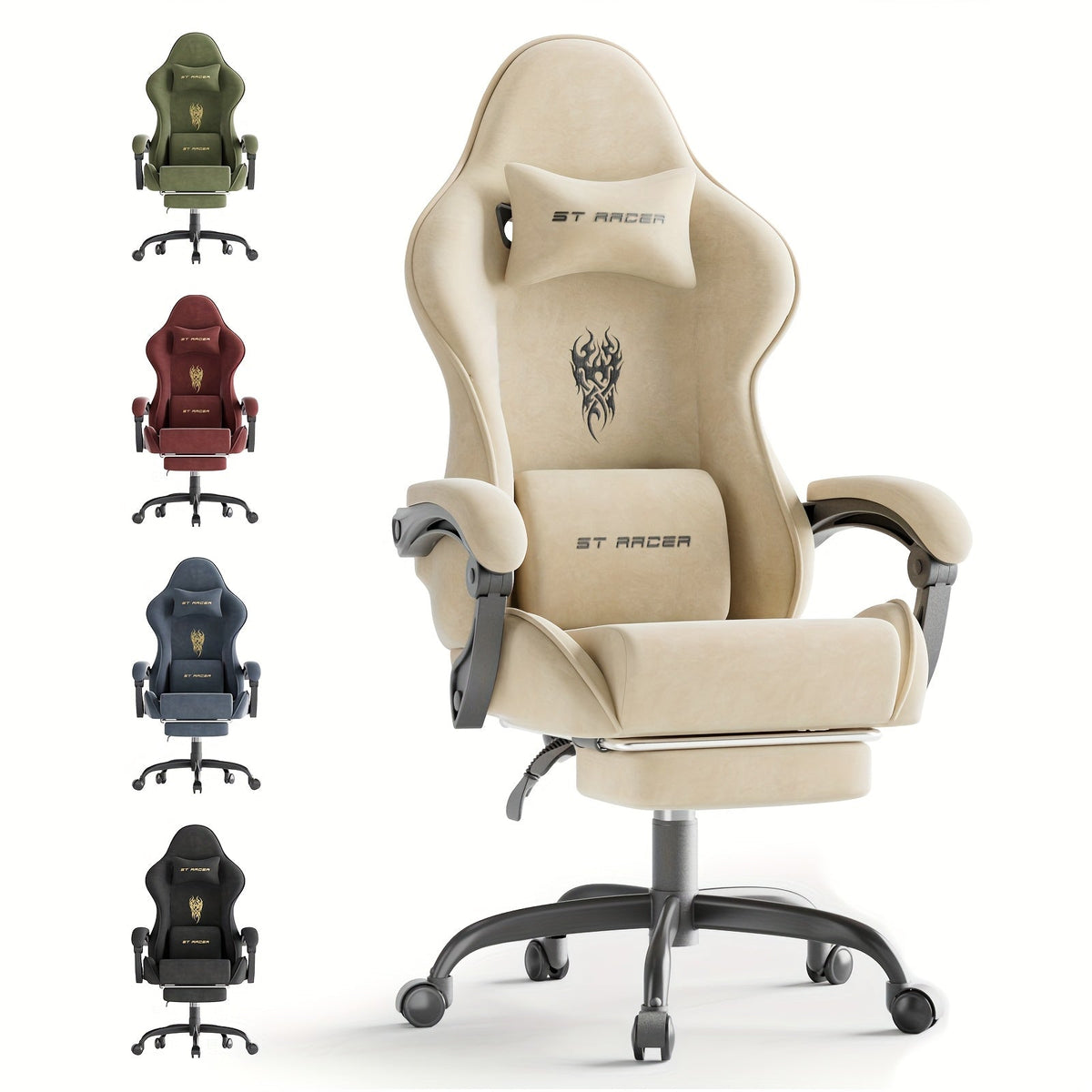 Velvet Fabric Gaming Chair with Footrest & Massage Lumbar Cushion – High Back Ergonomic Gamer Chair for Adults, Breathable Fire Embroidery Velvet, 5 Colors: Black Red Blue Gray Green Beige – Nova Mart