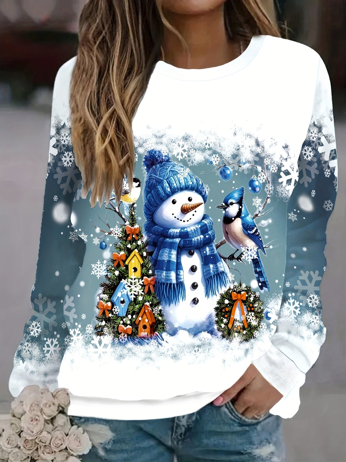 Women's Christmas Print Crew Neck Long Sleeve Loose Pullover Sweatshirt Holiday Festive Casual Tops US Warehouse
