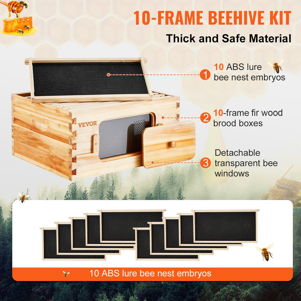 Langstroth Beehive Starter Kit, 0.74" Cedar Wood, 100% Beeswax Coated, 10 ABS Frames & Cedar Brood Frames, Acrylic Observation Windows, Dovetail Joinery, Ventilation Ports, for Beginner & Pro Beekeepers