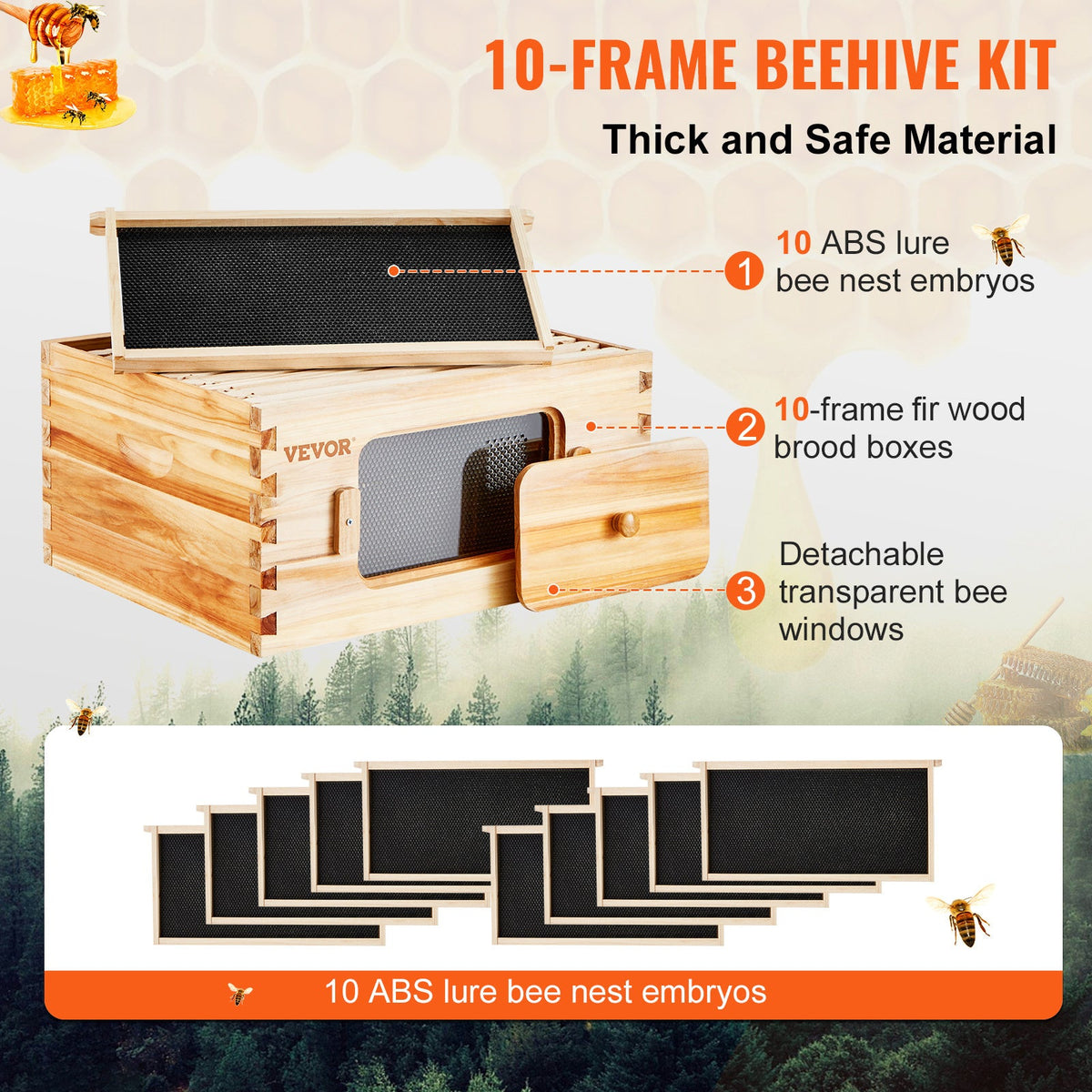 Langstroth Beehive Starter Kit, 0.74" Cedar Wood, 100% Beeswax Coated, 10 ABS Frames & Cedar Brood Frames, Acrylic Observation Windows, Dovetail Joinery, Ventilation Ports, for Beginner & Pro Beekeepers