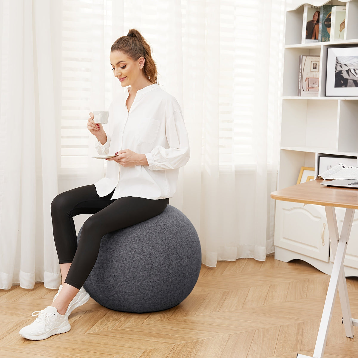 65cm Exercise Ball Chair with Fabric Cover, Anti-Burst Yoga Ball Seat for Home Office Desk, Pilates Core Training, Pregnancy & Birthing Ball – Improves Posture & Relieves Back Pain, Grey & Black