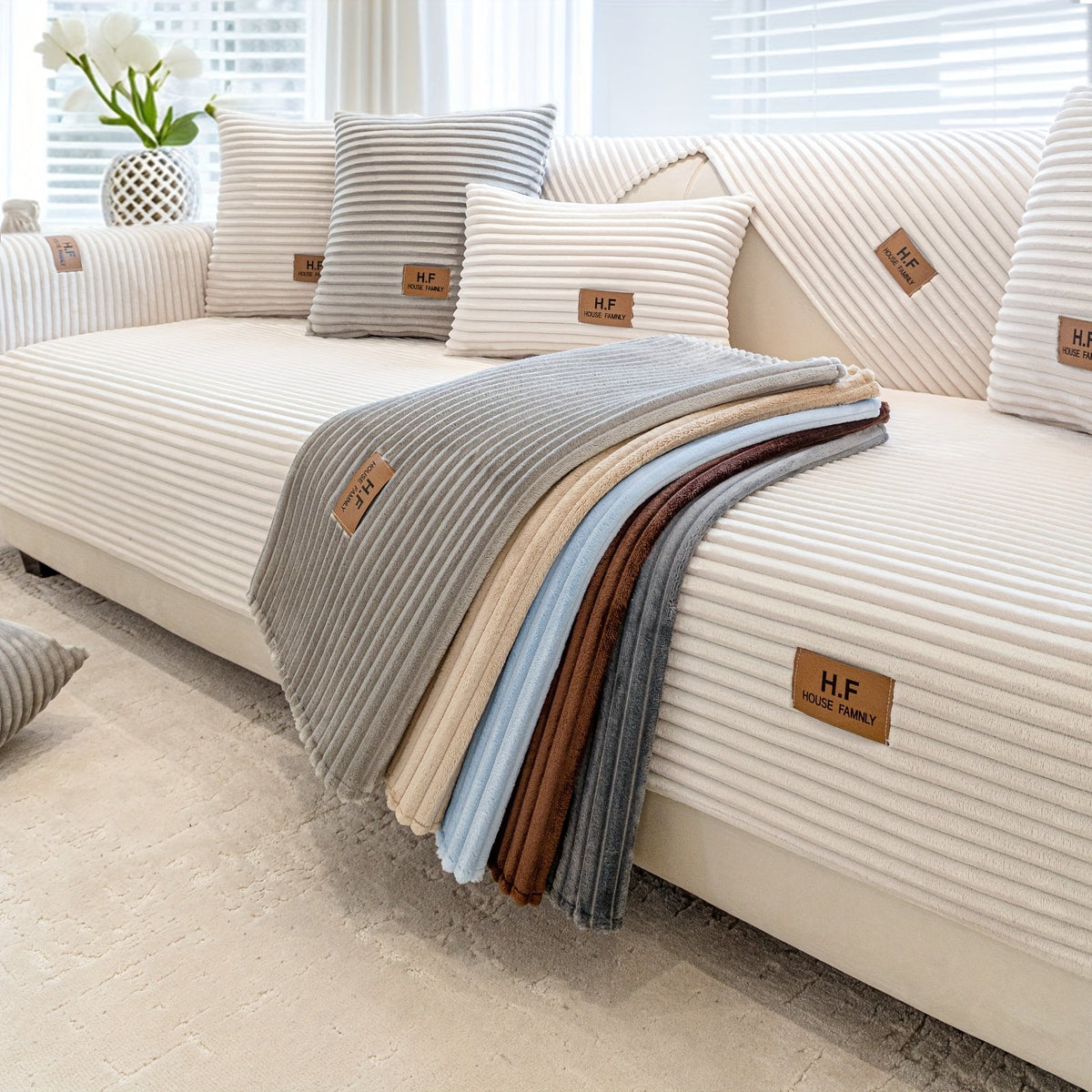 Short Plush Striped Sofa Cover & Cushion - All-Season, Pet-Friendly & Non-Slip - Armchair, Loveseat, 3/4/5-Seater, Backrest, Armrest & Pillowcase - White, Dark Gray, Light Gray, Coffee & Blue