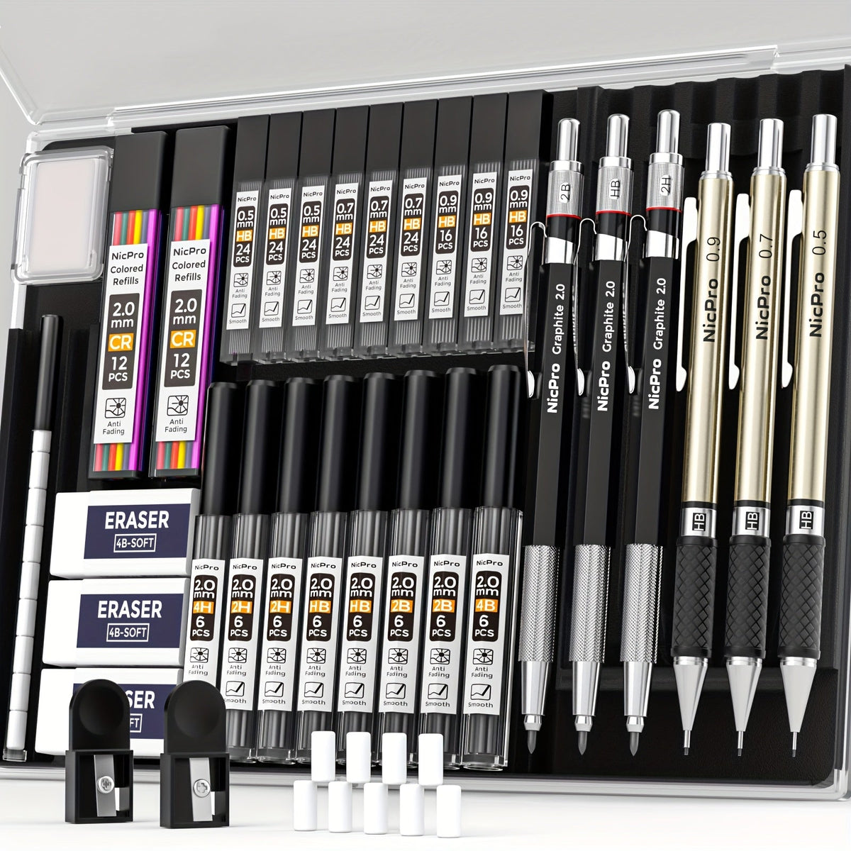 34-Piece Art Mechanical Pencil Set with Case: 6 Metal Drafting Pencils (0.5mm, 0.7mm, 0.9mm, 2mm), 19 Lead Refills, and Erasers for Sketching and Drawing Artists