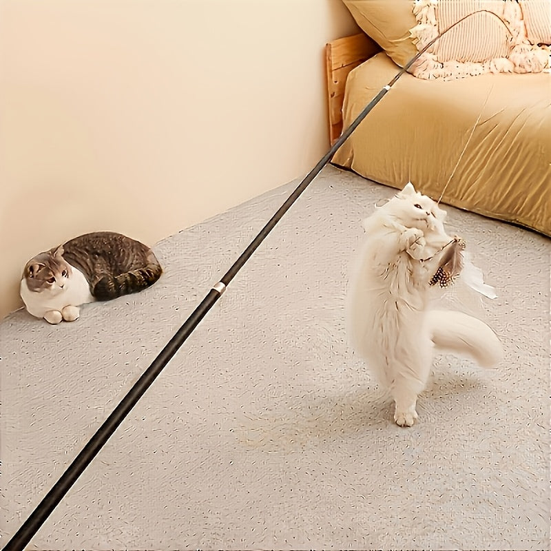 Telescopic Feather Cat Wand Toy with Interchangeable Heads - Artificial Feather Interactive Cat Toy, 3 or 4-Section Extendable Pole with 3/6/9 Random Replacement Heads, No Battery Required