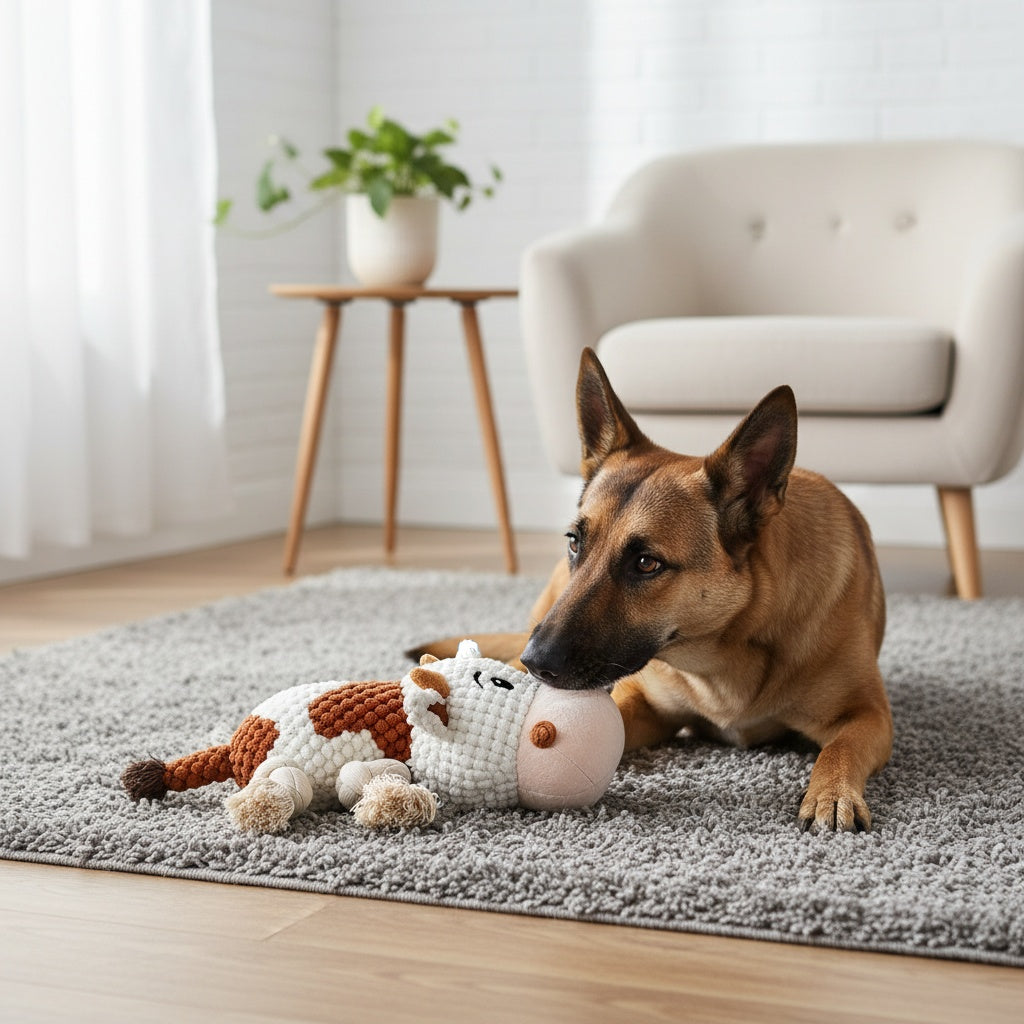 Squeaky Cow Dog Toy, Plush Interactive Tug-of-War with Crinkle Paper, IQ Training Chew Toy for Small, Medium, and Large Dogs, No Battery Needed, Anxiety Relief Pet Toy