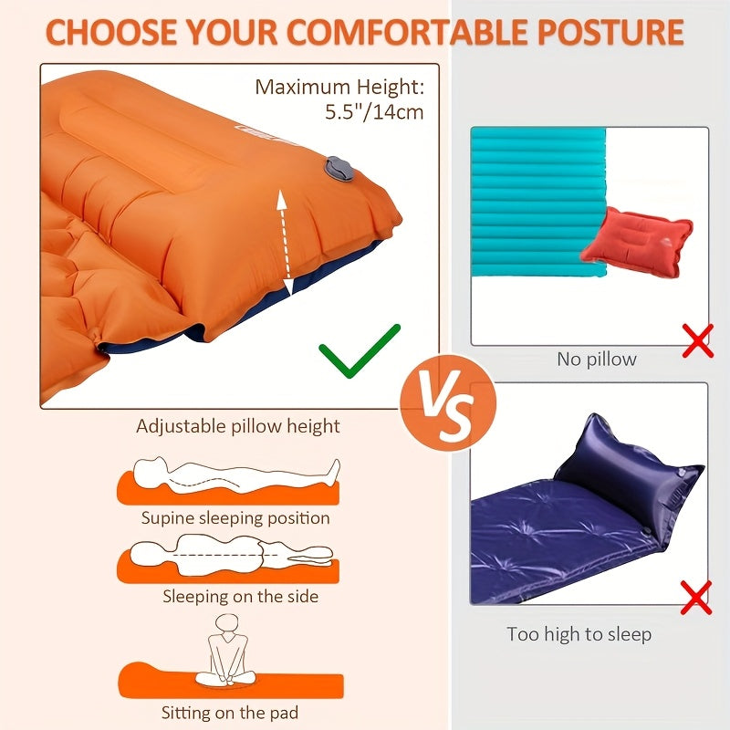 Self-Inflating Sleeping Pad, Ultralight Nylon TPU Camping Mat, Built-In Pump, Single & Double Person Options, Compact Portable Sleeping Mat for Camping, Hiking, Backpacking, Travel, and Picnics, Orange & Blue