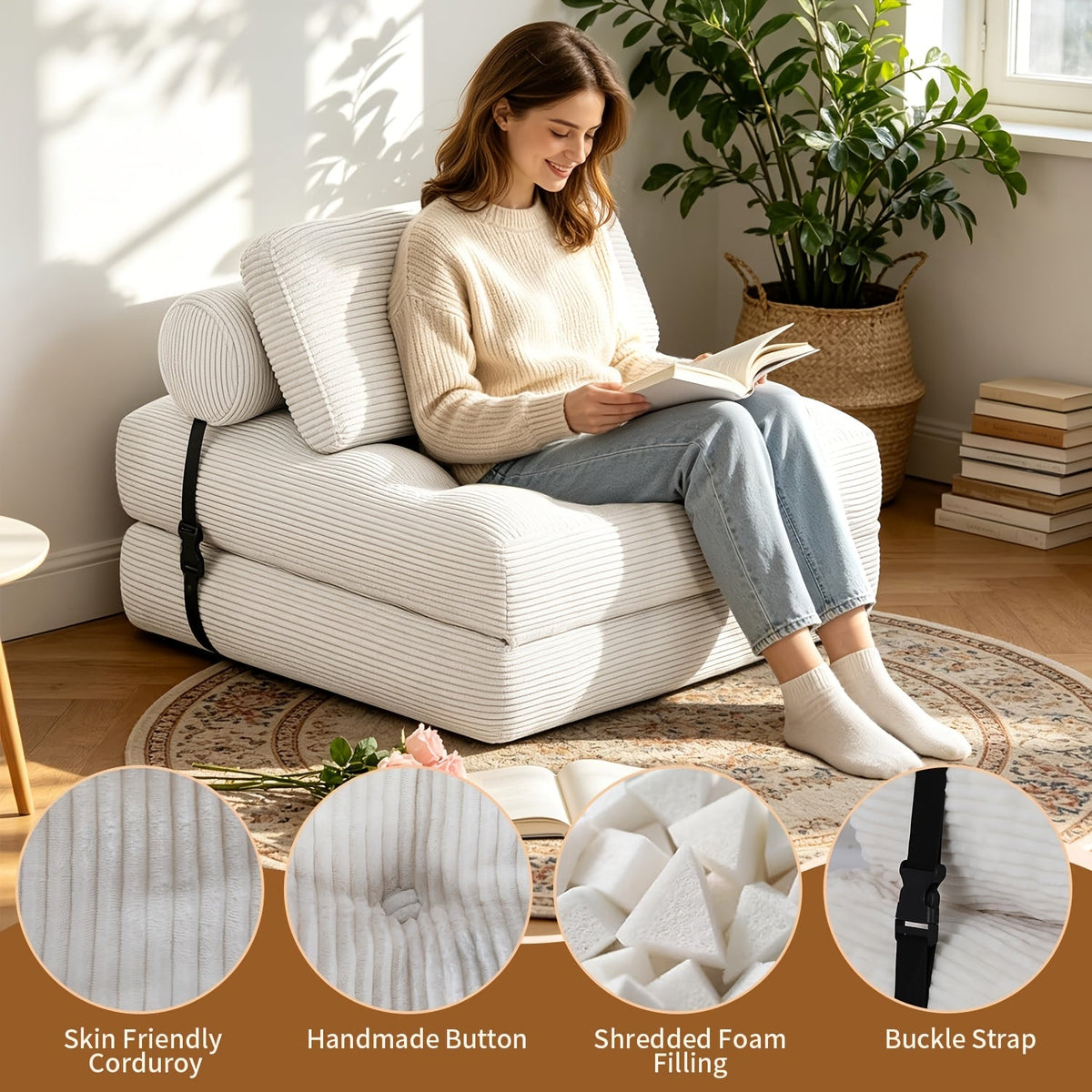Folding Sofa Bed with Pillow, Convertible Sleeper Chair Fold Out Couch Bed, Foldable Floor Lazy Sofa for Living Room Small Spaces Guest Room Apartment, Comfy Multi-Position Lounger