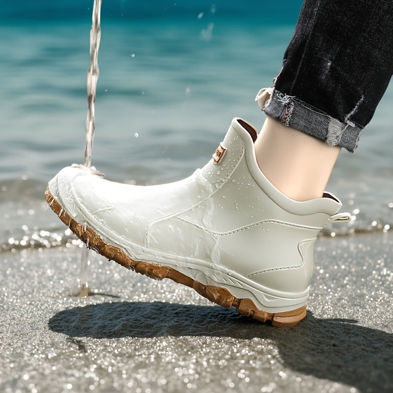 Lightweight Non-Slip Short Ankle Rain Boots for Men and Women, Cushioned Insoles, Breathable Lining, Textured Anti-Slip Sole, Fashionable Unisex Couple Rain Boots for Car Washing and Outdoor Activities, Black/Beige, US 5.5-12