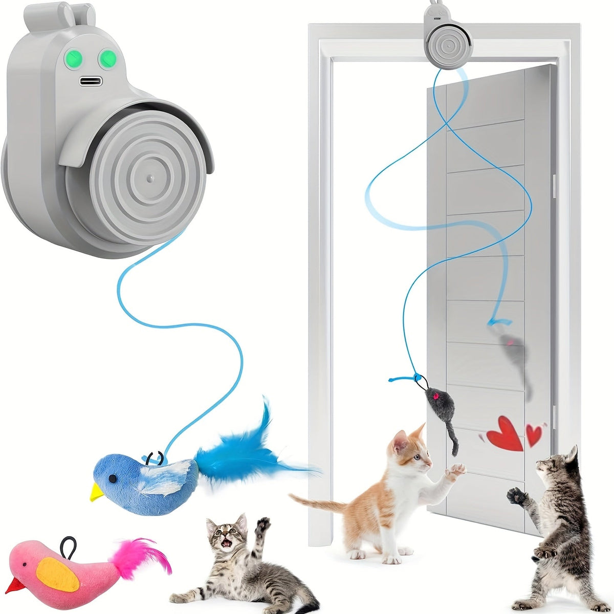 Interactive Cat Toy for Indoor Cats – Automatic Electric Flying Bird Feather Hanging Self-Play Toy for Bored Kittens & Adult Cats, White Blue Grey