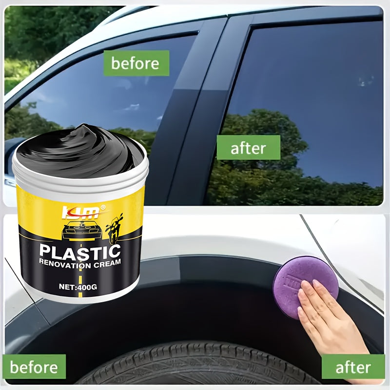 Car Plastic & Rubber Repair Cream All-in-One Trim Restorer Scratch Remover Tire Shine Wax, Anti-Cracking Anti-Aging Formula for Interior & Exterior Car Detailing, Includes Sponge