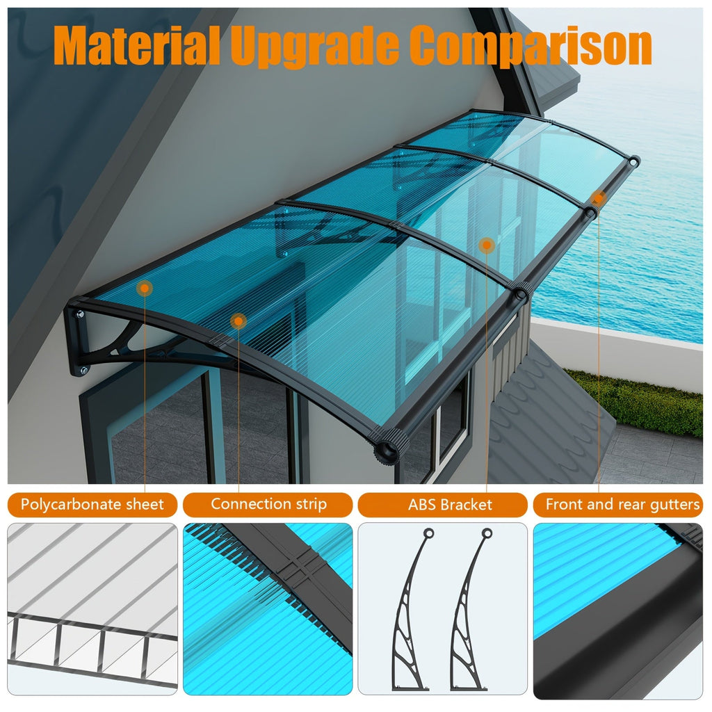 Polycarbonate Window & Door Awning Canopy with Large Gutter Rain Sun & UV Protection SPF50+ ABS Brackets – 15-Min DIY Install for Windows Doors Balcony & Garage, 7 Sizes Available