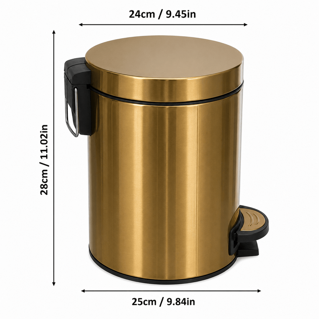 2-Pack 5L Stainless Steel Small Round Pedal Trash Can – Soft Close Lid Foot Pedal & Inner Bucket for Bathroom Kitchen Bedroom Office & Living Room in Gold