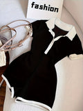 Women's Color Block Bodysuit Y2K Lapel Collar Casual Stretch Fitted One-Piece Top Black XS S M L XL XXL
