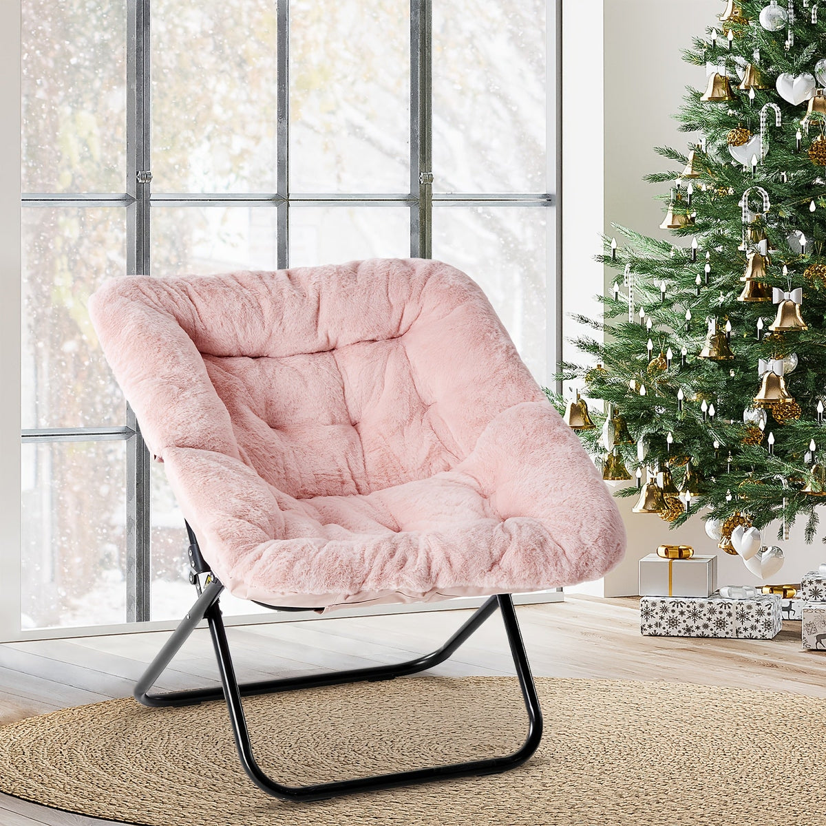 Square Moon Chair – Folding Portable 450 LB Capacity Accent Chair for Living Room Bedroom Reading & Relaxing in Pink White & Gray