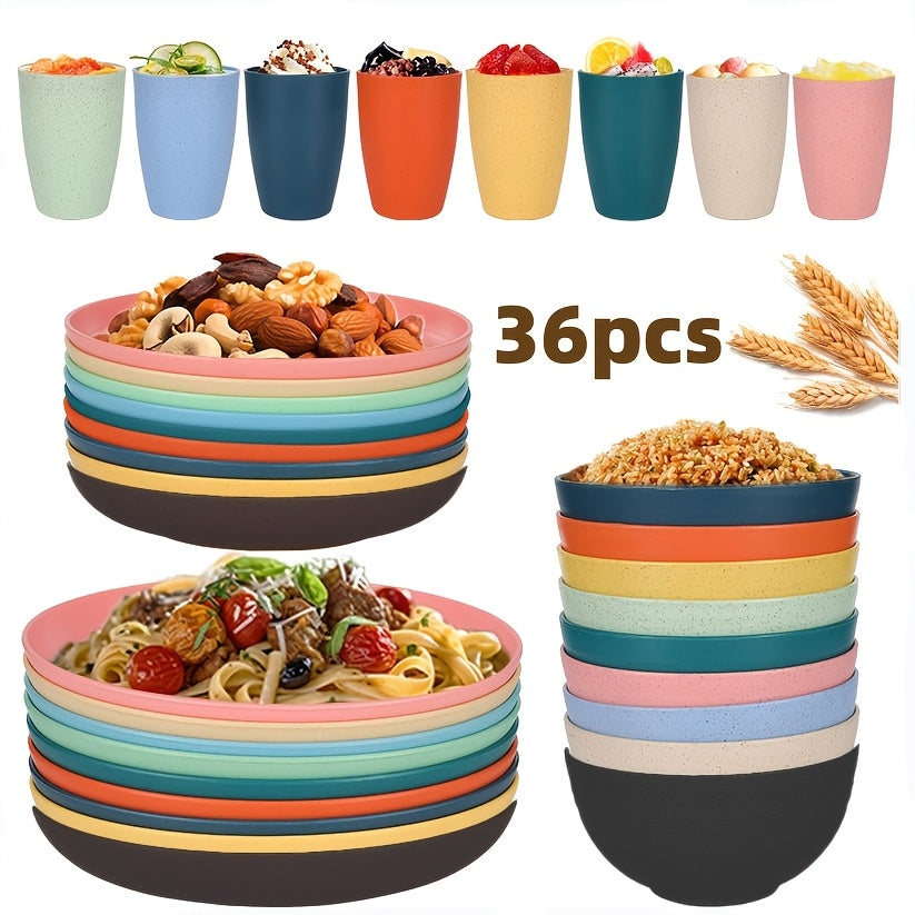 Wheat Straw Dinnerware Set – Reusable Eco-Friendly Plates, Bowls & Cups, Dishwasher & Microwave Safe, Unbreakable, 12/24/36 Piece Sets for Camping, Parties, Outdoor & Everyday Use