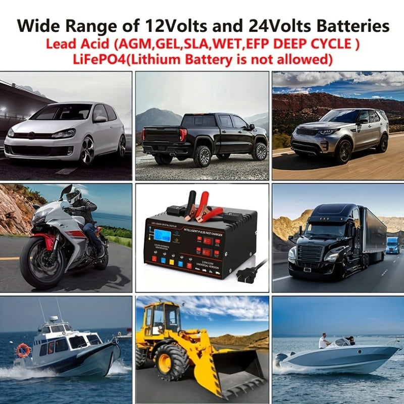 Smart Universal Battery Charger 12V 24V with LCD Screen Pulse Repair Trickle Maintainer for Car, Truck, Motorcycle, Boat, Lawn Mower, and Harvester – Automatic Temperature Regulation