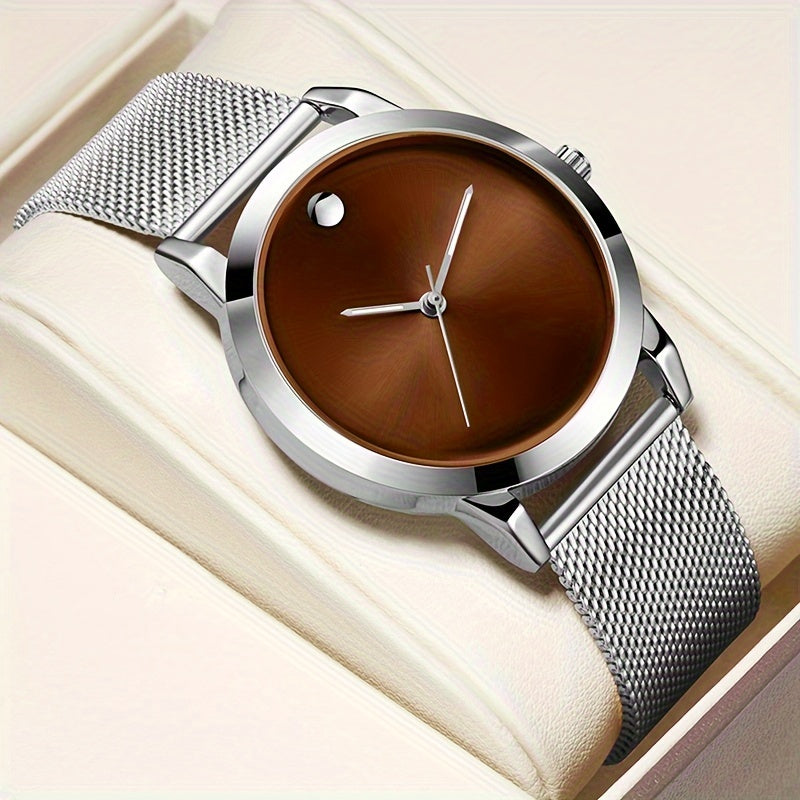 Men's Minimalist Stainless Steel Band Quartz Watch, Slim Round Dial, Casual Fashion Everyday Wear, Gift for Him, Silver Brown