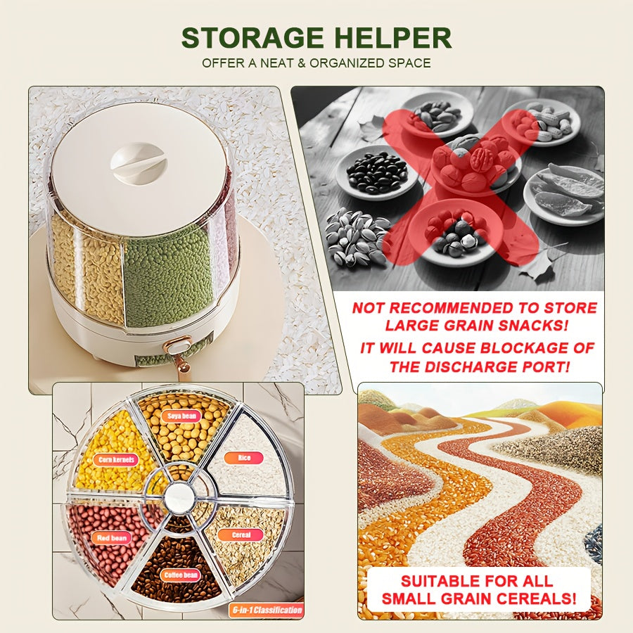 Rotating Cereal Dispenser 6-Grid Large Capacity Airtight Rice Storage Container, Moisture-Proof Insect-Proof Grain Dispenser with Transparent Window & Press Button, Food-Grade PP for Rice, Grains, and Flour