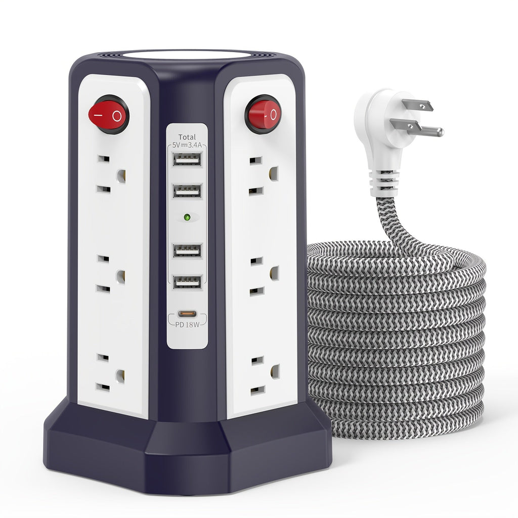 Power Strip Tower, 16 AC Outlets, 5 USB Ports, USB-C PD 20W, 1500J Surge Protector, Flat Plug Desktop Extension Cord