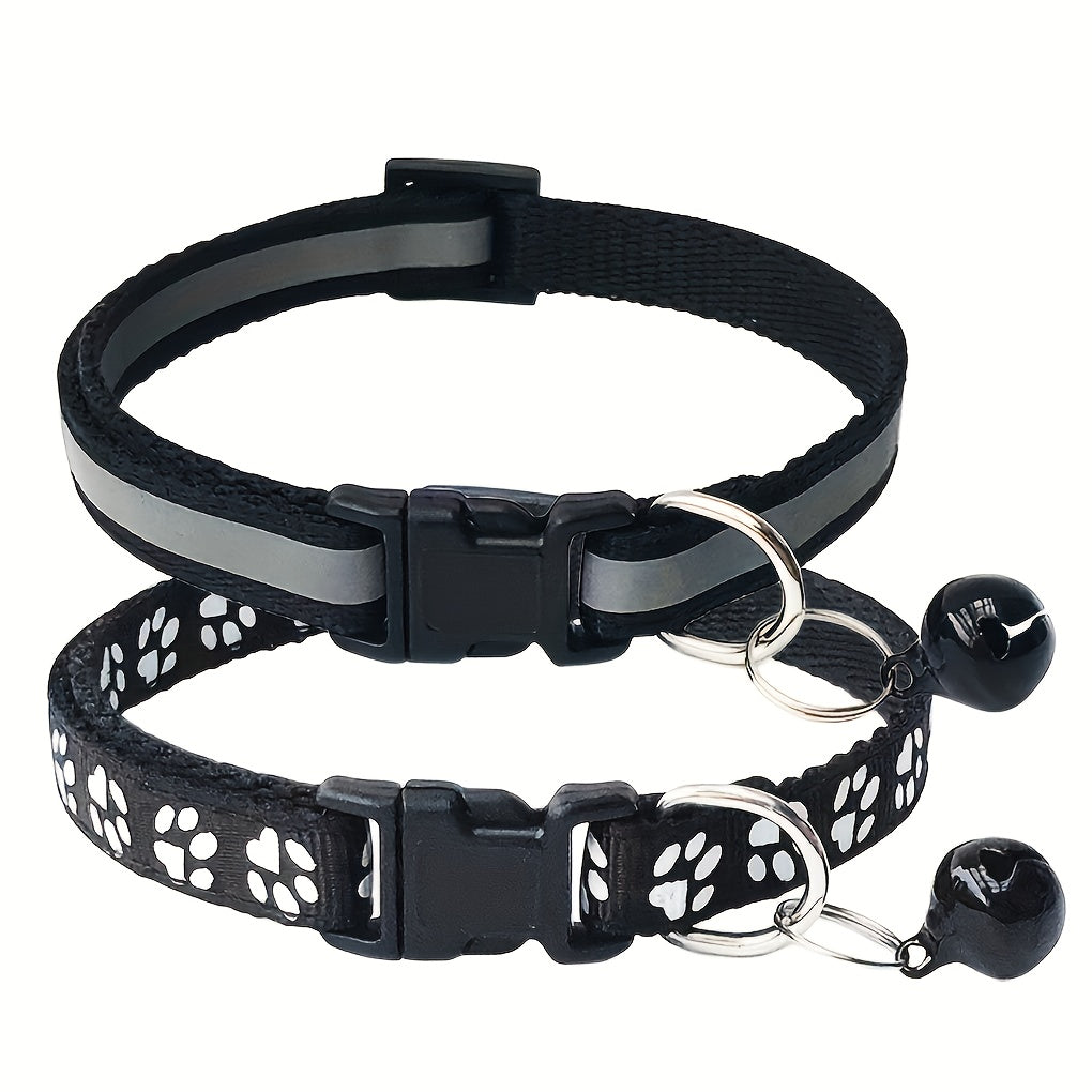 Reflective Pet Collar with Bell 2-Piece Set - Adjustable Striped Polyester Cat & Dog Collar with Paw Print Design, Safety Breakaway Buckle, 10 Colors for Small Dogs and Cats, One Size
