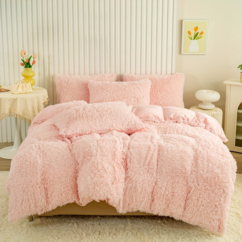 Plush Duvet Cover Set 3 Piece, Long Hair Knitted Polyester, Solid Color Fuzzy Comforter Cover with Zipper Closure, All-Season Soft Cozy Bedding Set for Bedroom, Multiple Colors Available