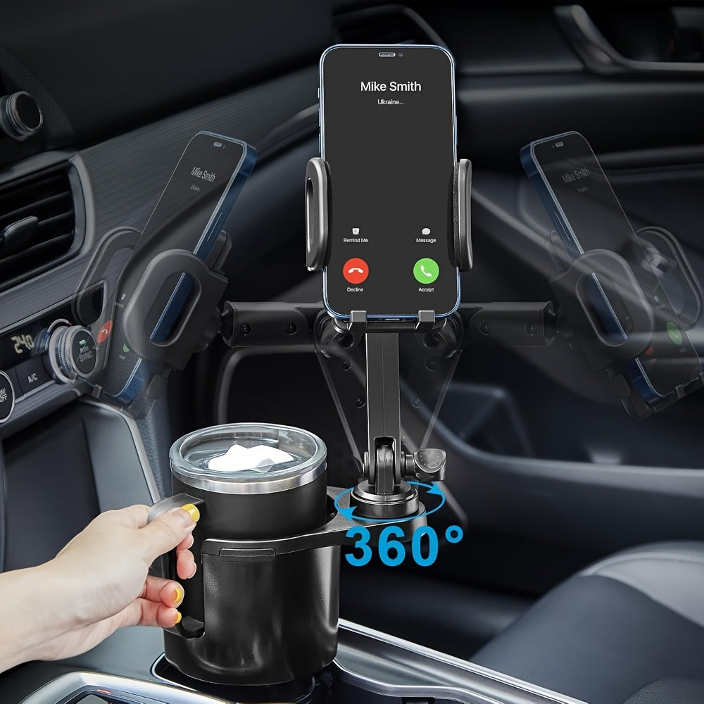Car Phone Cup Holder Mount 2-in-1, 360° Swivel Rotation, Universal Fit for Cars, SUVs, and Trucks with Shock-Absorbing Trim - Black Extender
