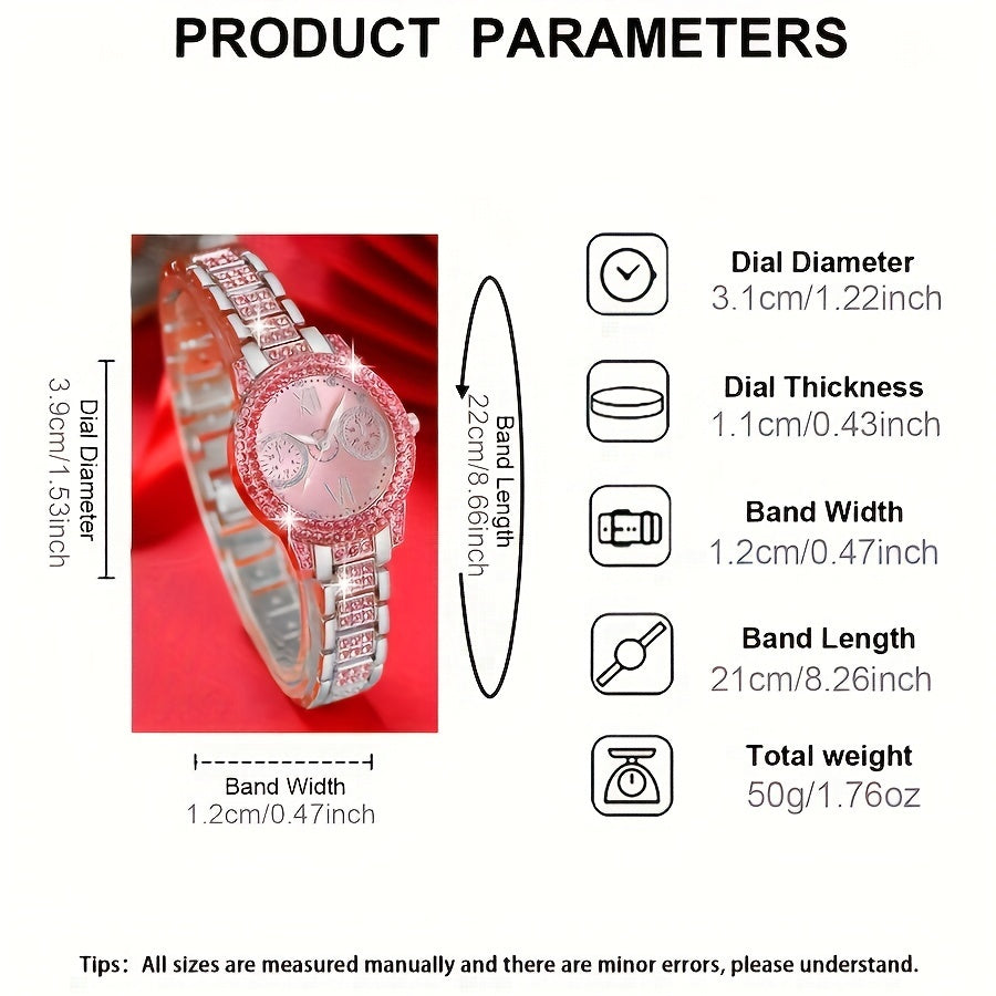 3pcs Women's Fashion Watch and Jewelry Set – Elegant Rhinestone Ring & Bracelet Watch Set, Stylish Gift for Women in Pink, Red, and Silver, Perfect for Birthdays, Valentine's Day, and Anniversaries