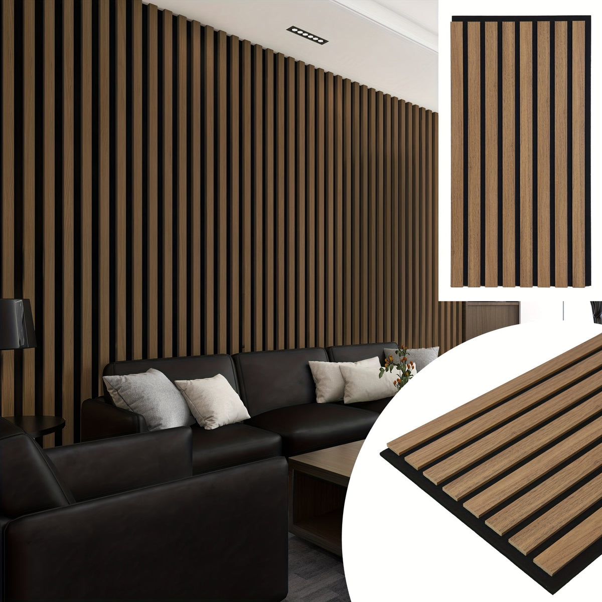 3D Wood-Look Wall & Ceiling Tiles 20-Panel Set (40 Sq Ft), MDF Grille Noise-Insulating Panels 24"x12", Textured Wood Grain Finish, Easy Install, Available in Deep Walnut / Walnut / Oak / Gray Oak