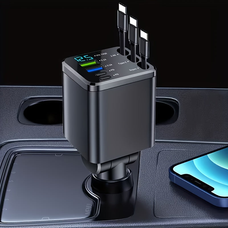 7-in-1 Fast Car Charger with 3 Retractable Cables, LED Digital Display, and 180° Adjustable Universal Plug - Multi-Port Car Phone Charger for iPhone, Android, and USB-C