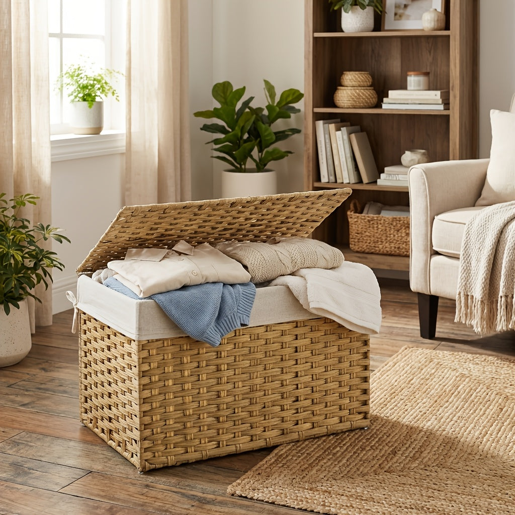 Large Foldable Storage Basket with Lid & Handles Removable Liner Metal Frame for Blankets Laundry Bedroom – 9.25 / 17.2 / 42.3 Gal – Natural Brown & Gray