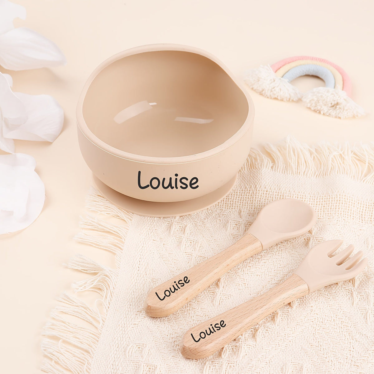 3-Piece Personalized Engraved Silicone Baby Suction Bowl Set, Custom Baby Feeding Bowls for Kids, Christening Gift, First Birthday Gift & Christmas Feeding Gift Set, Beige, Blue, Gray, Pink & Green