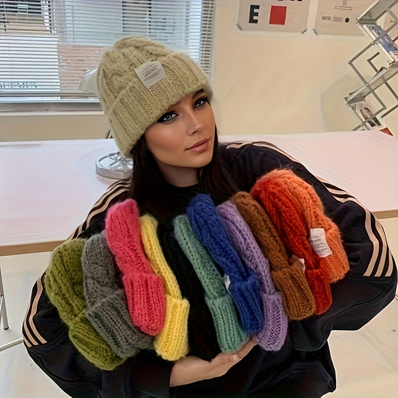 2 Pack Winter Knit Beanies for Women and Men, Candy-Colored Chunky Cable Knit Warm Hats with Ear Protection, Loose Fit Slouchy Beanie for Outdoor Streetwear in Cold Weather