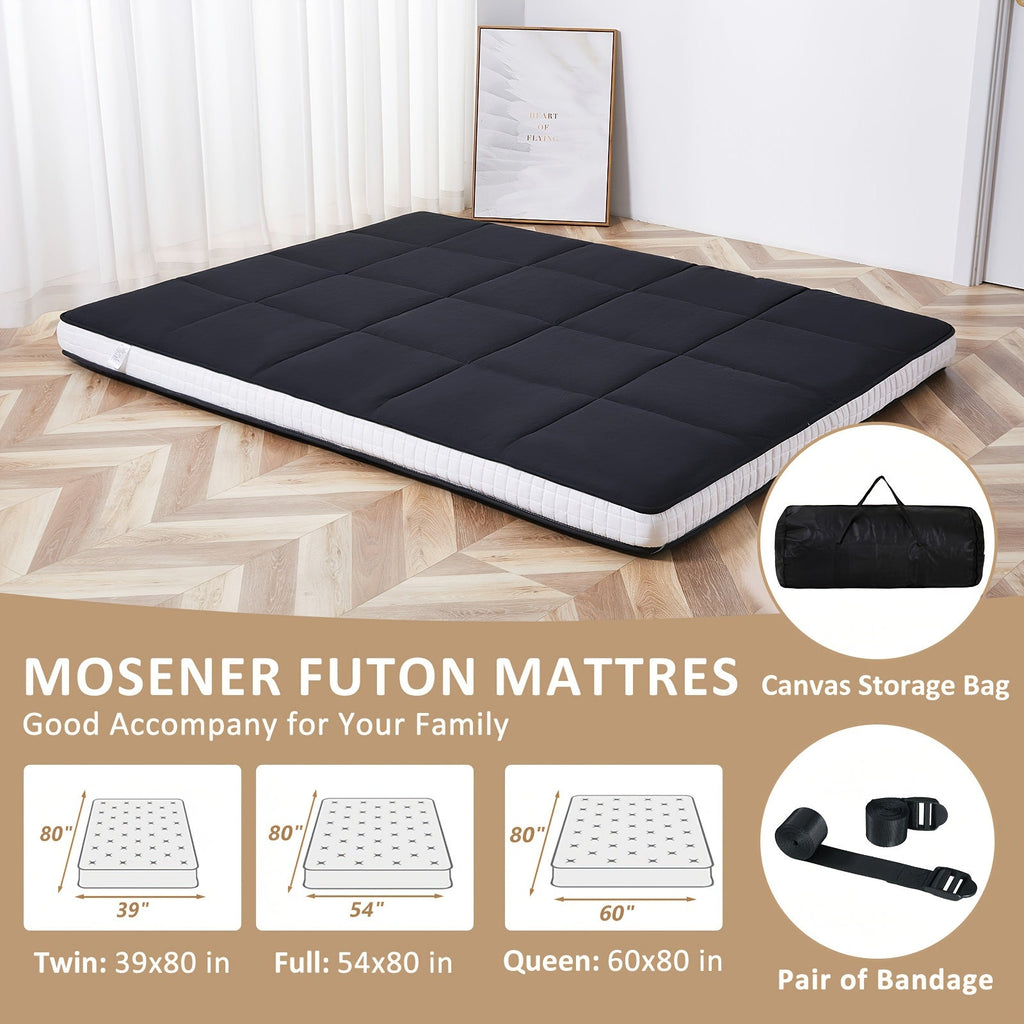 Japanese Floor Mattress Futon Twin Full Queen, Foldable Roll Up Tatami Sleeping Mat, Portable Floor Lounger Guest Bed for Camping & Couch, 4 Inch Thick, Black Gray