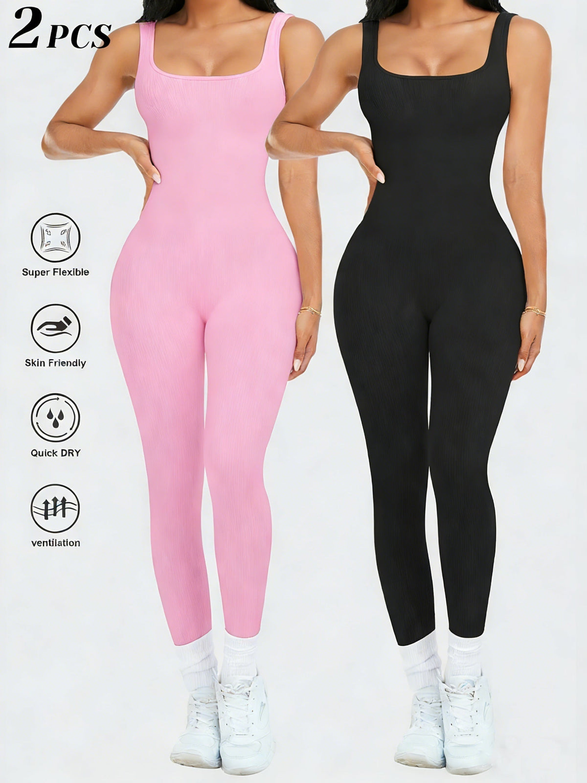 2-Pack Women's Sleeveless Square Neck Long Jumpsuit - 90% Nylon Thick Stretchy Opaque Activewear Bodysuit for Yoga, Pilates, Running, and Fitness, Washable One-Piece Workout Suit, Sizes S-XL